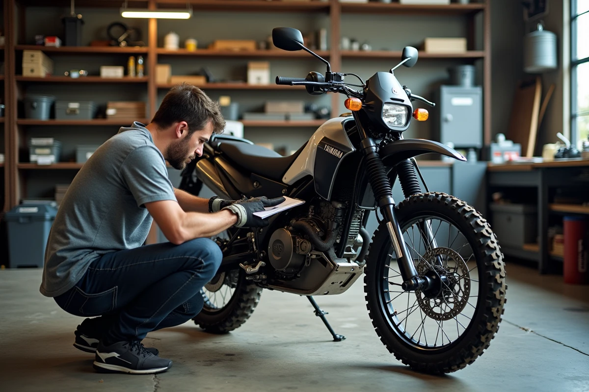 Mécanicien inspectant la chaîne et le pignon d'une Yamaha Ténéré 700 d'occasion dans un atelier moto indépendant avec outillage professionnel