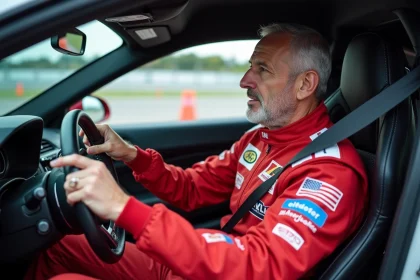 Instructeur de stage de pilotage expliquant les tarifs et erreurs à éviter dans le cockpit d'une voiture de circuit