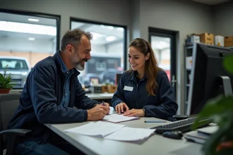 Client auto parts avec employée dans un garage organisé