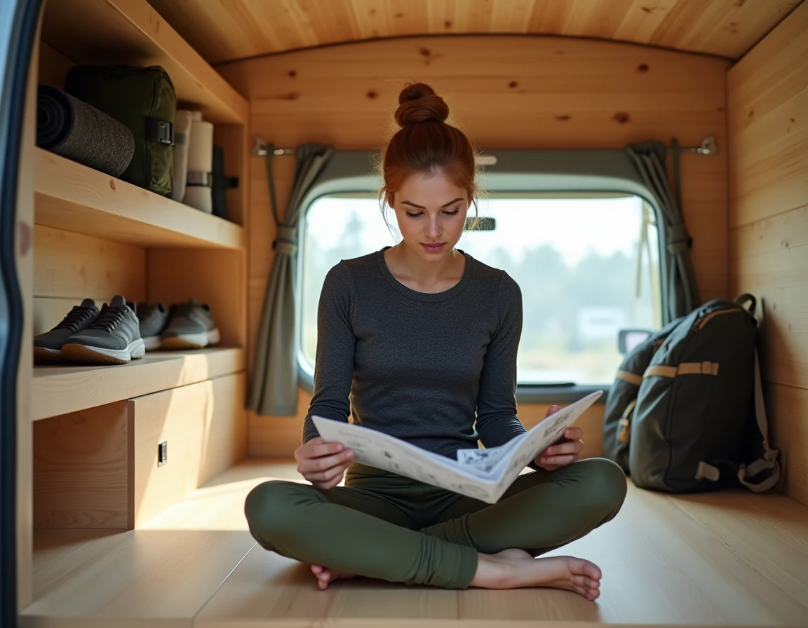 Intérieur aménagé d'un camping-car Dacia avec rangements sportifs et couchage en bois de bouleau