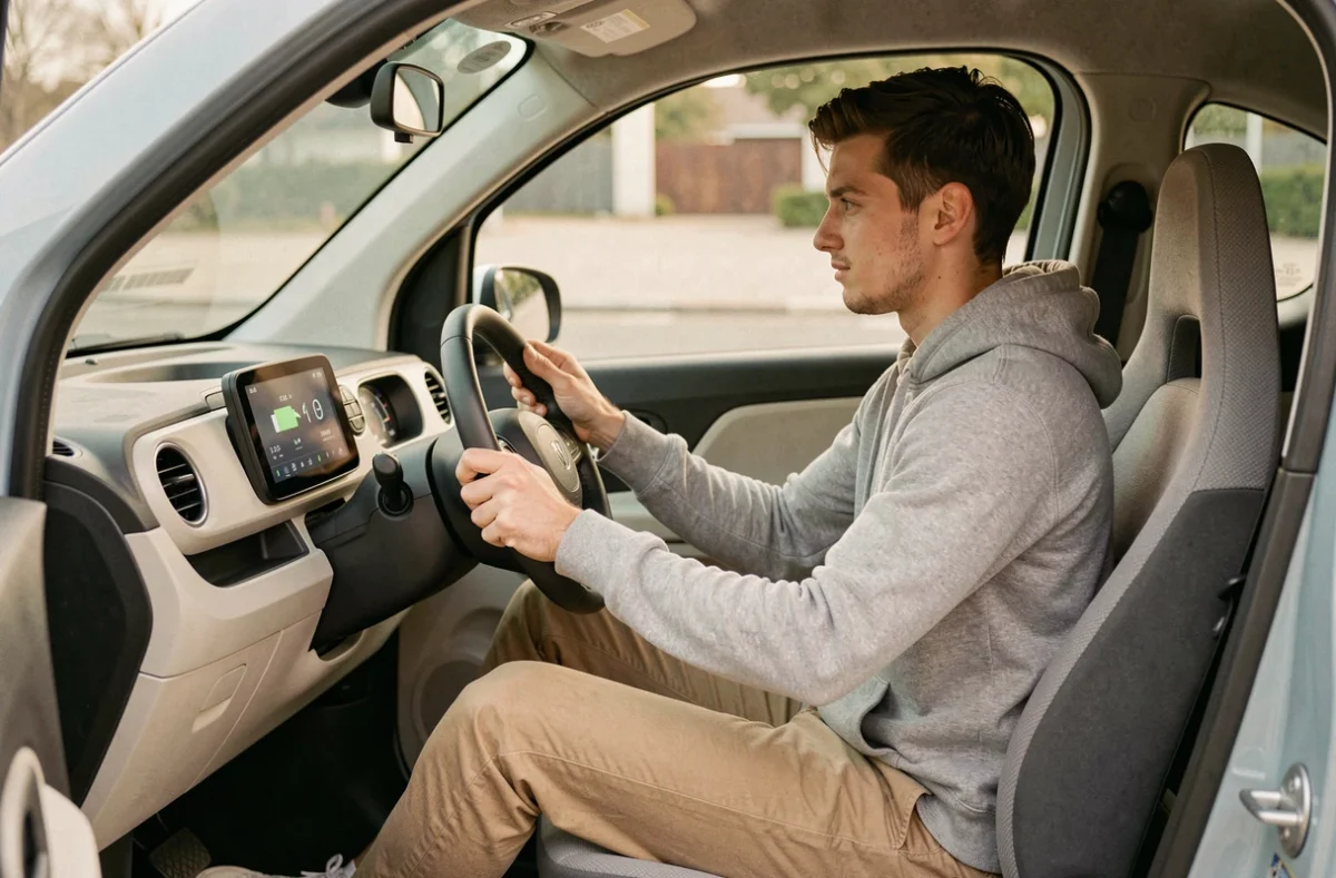 Jeune conducteur assis dans l'habitacle d'une voiturette électrique, tableau de bord numérique visible