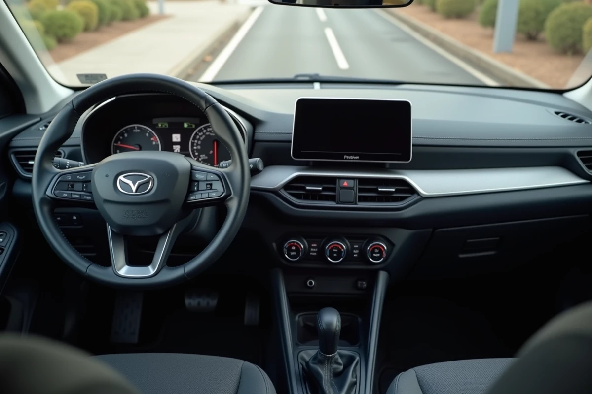 Intérieur tableau de bord d'une voiture marque en V entrée de gamme, volant avec emblème et écran tactile visible