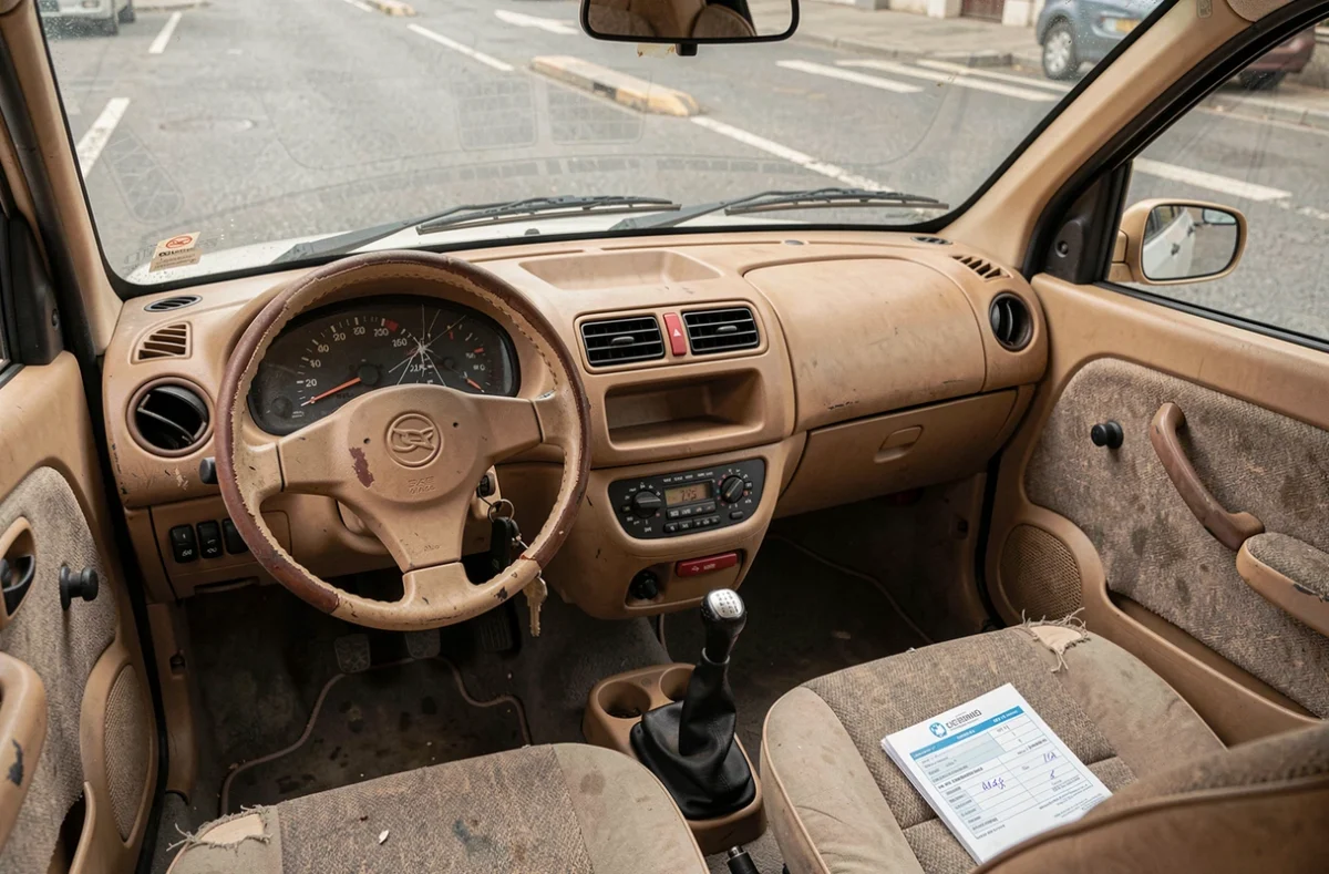 Intérieur usé d'une voiture sans permis d'occasion avec tableau de bord fissuré et sièges abîmés