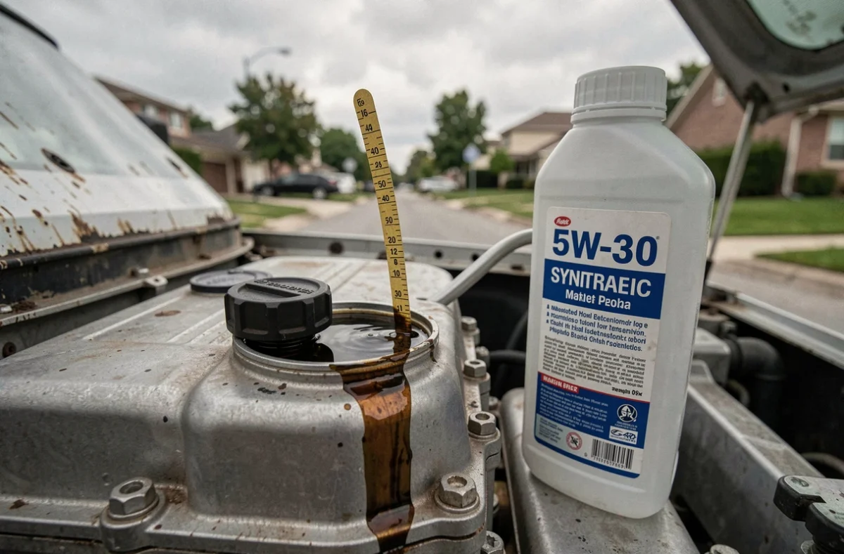 Jauge d'huile moteur et flacon d'huile synthétique posés sur le moteur d'une voiture essence lors d'une vidange