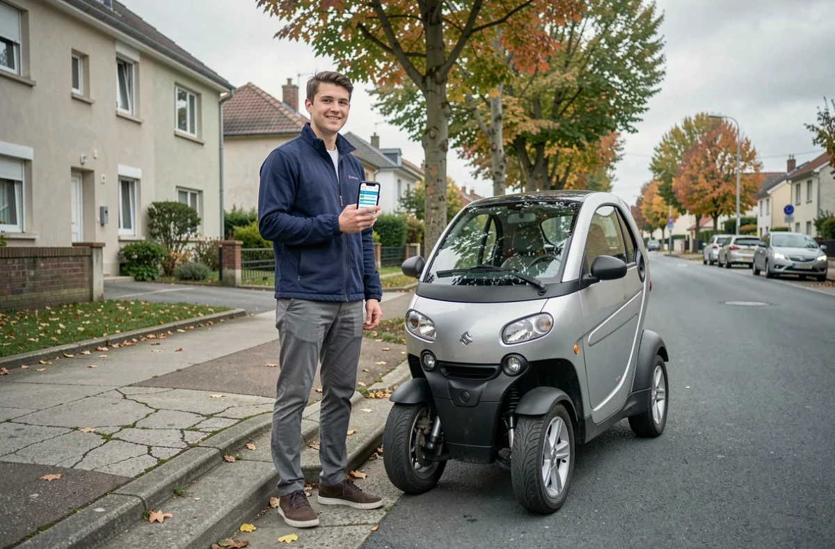 Jeune homme consultant une offre d'assurance sur smartphone à côté de sa voiture sans permis