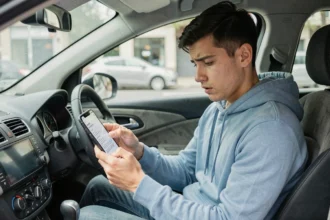 Jeune conducteur consultant son smartphone pour comparer des devis d'assurance auto malus dans sa voiture