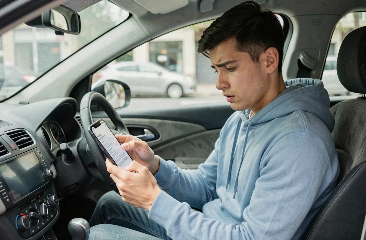 Jeune conducteur consultant son smartphone pour comparer des devis d'assurance auto malus dans sa voiture