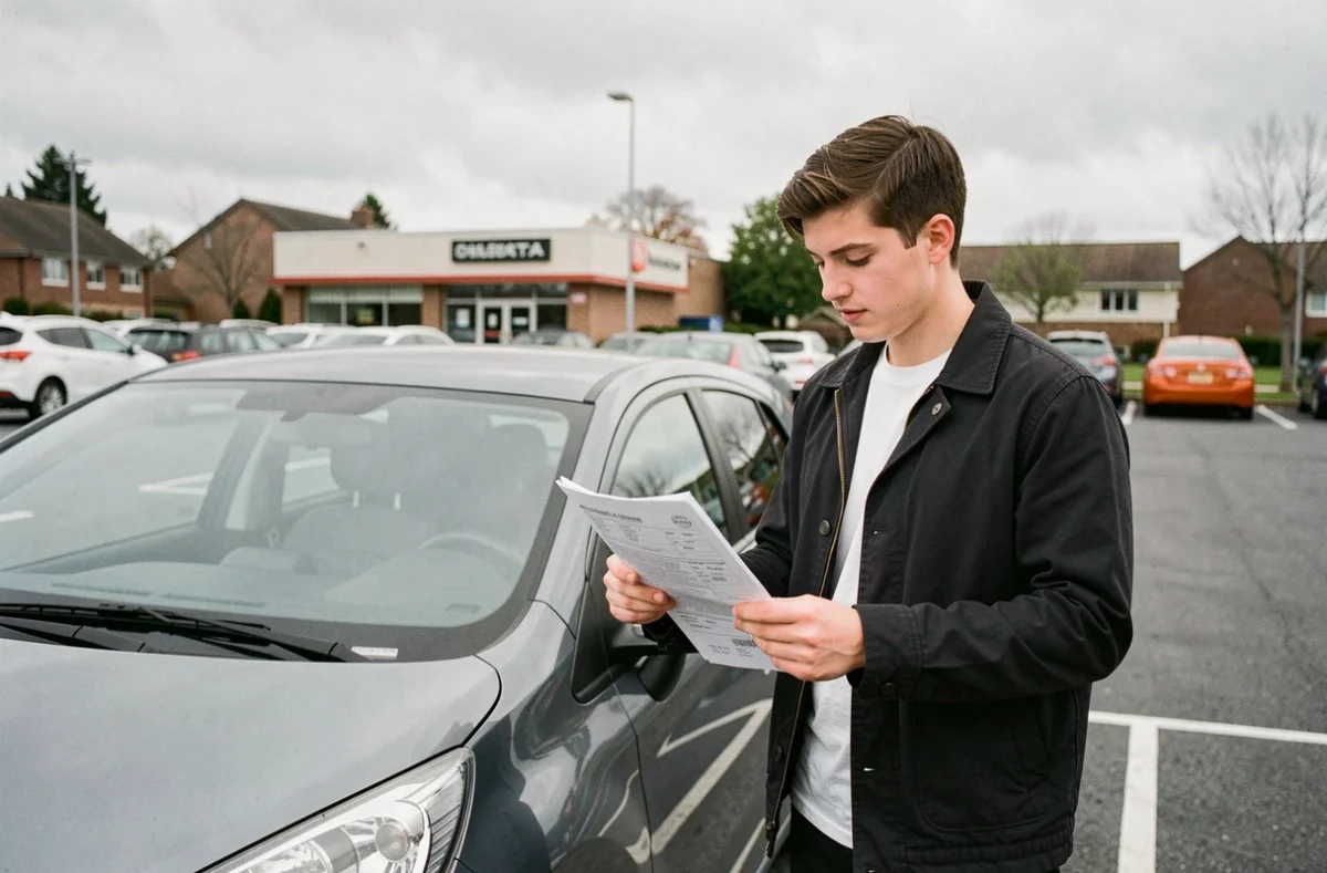 Jeune conducteur avec malus tenant des documents de devis d'assurance auto devant sa voiture dans un parking