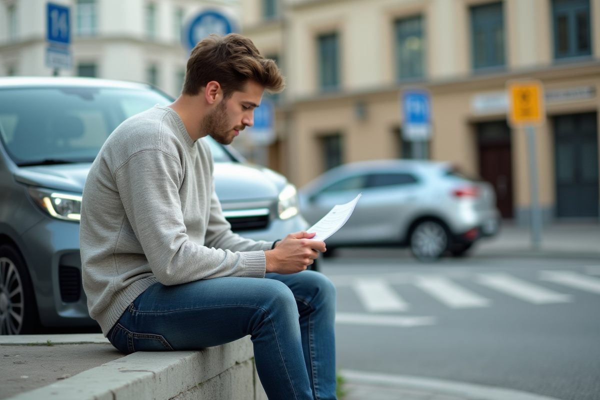 Jeune conducteur regardant un document près de sa voiture