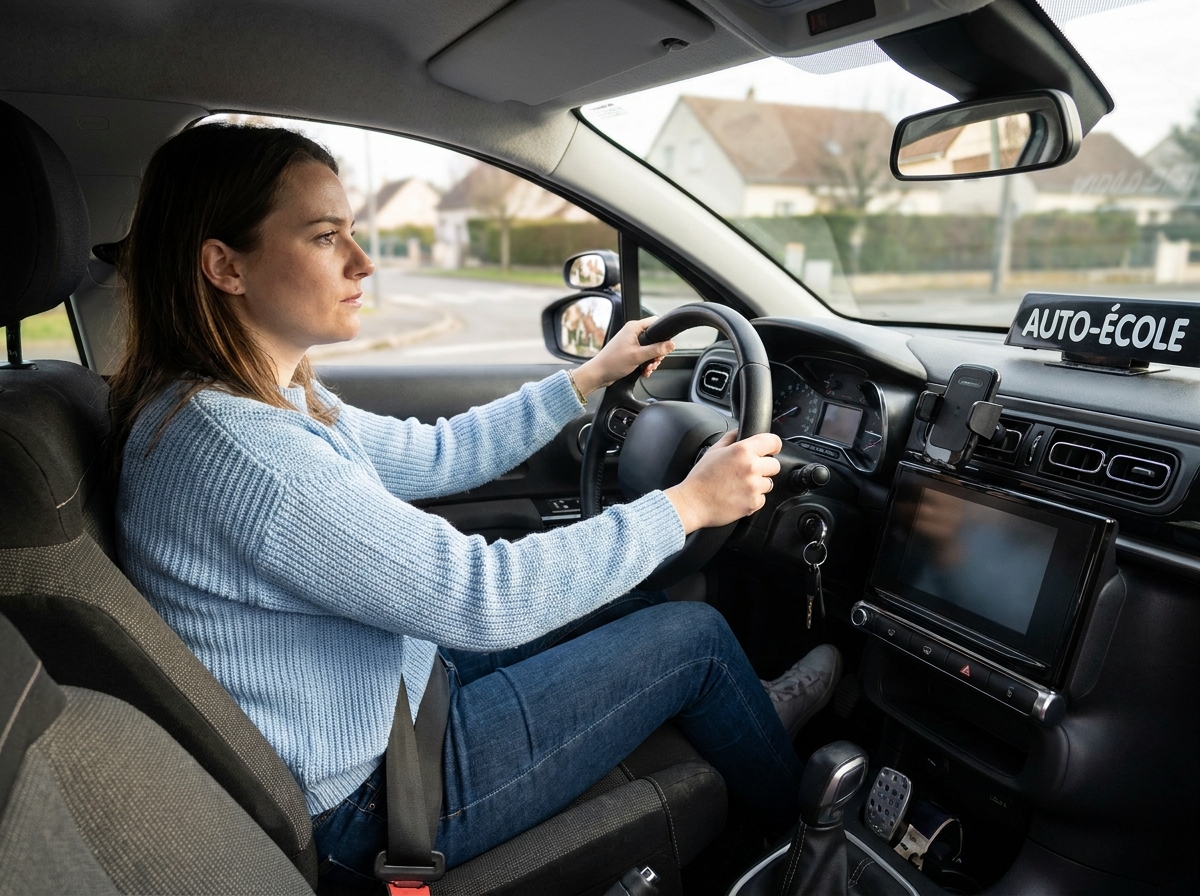 Jeune femme concentrée au volant d'une voiture d'auto-école lors de sa première leçon de conduite