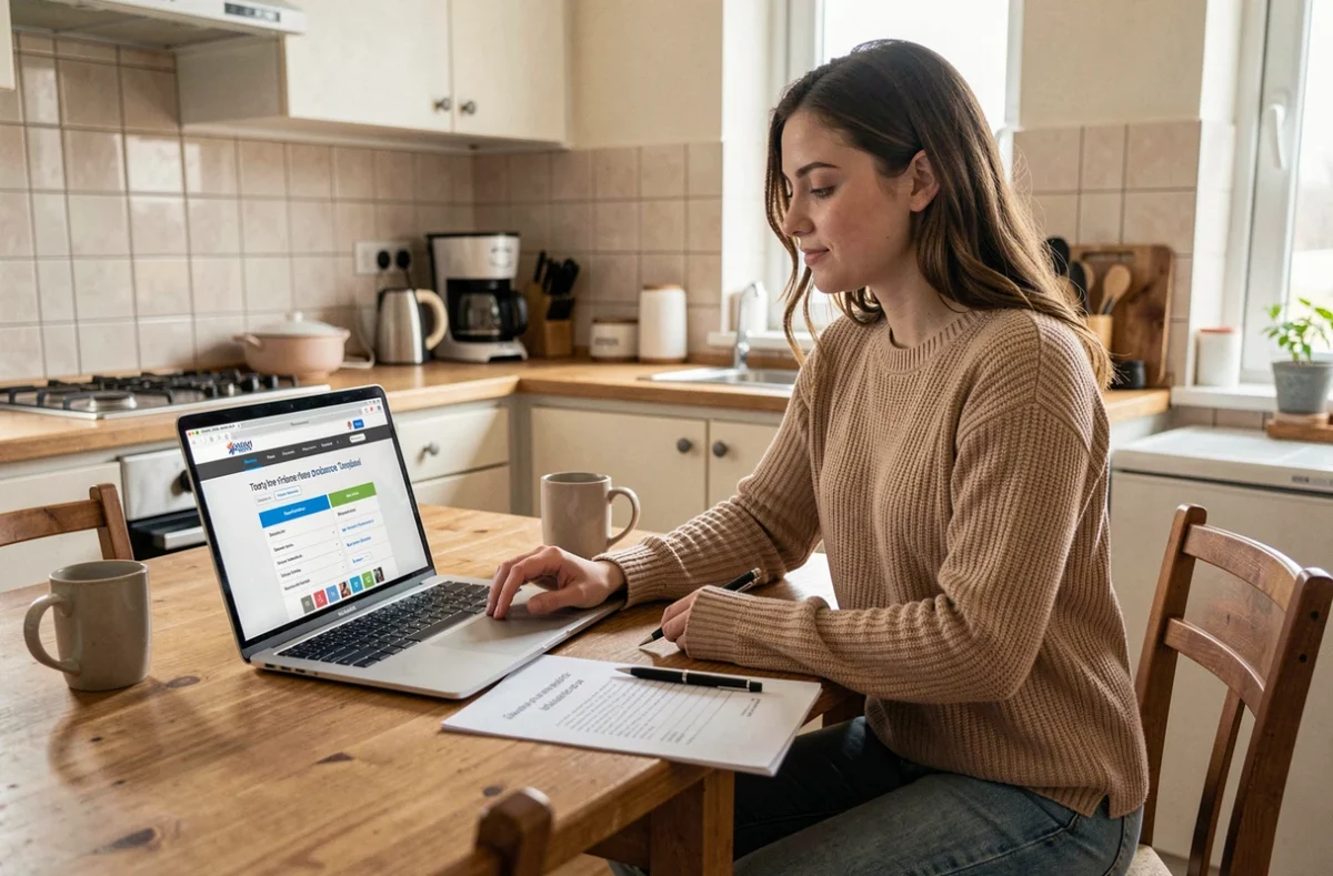 Jeune conductrice comparant des offres d'assurance auto avec malus sur un ordinateur portable à la maison