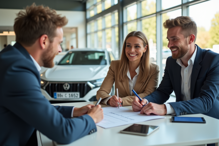 jeune-couple-achat-voiture-france Jeune couple souriant signant papier chez concessionnaire en France