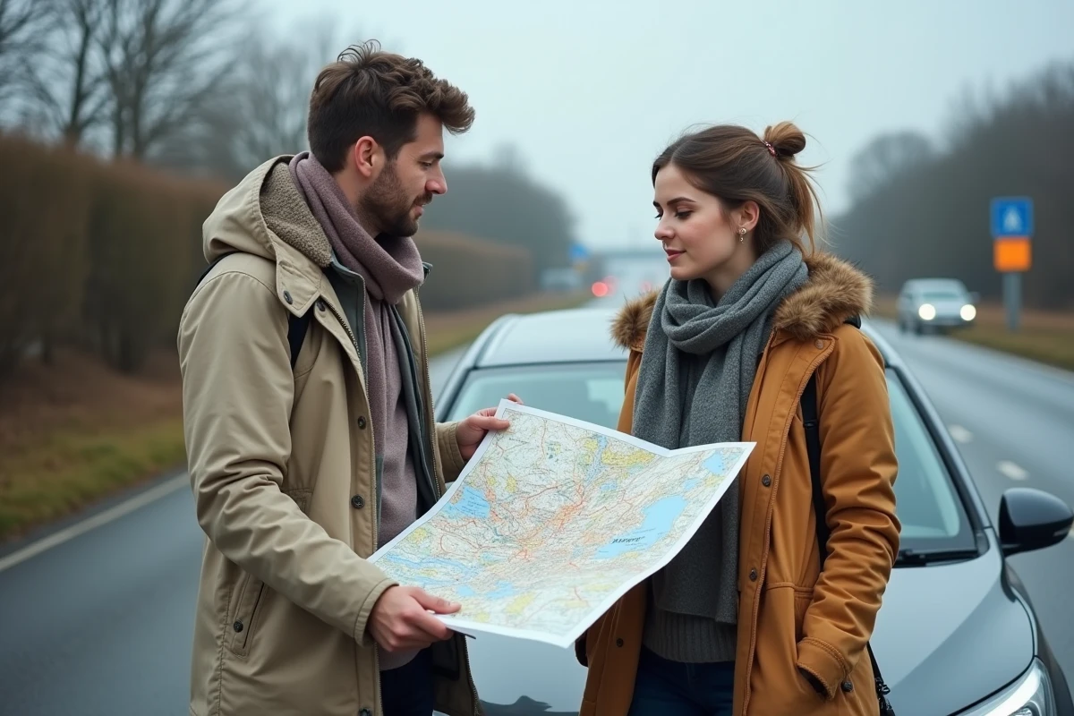 Jeune couple étudie une carte routière au rest area