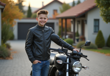 Adolescent souriant à côté d'une moto 125cc en extérieur