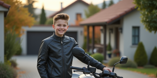 Adolescent souriant à côté d'une moto 125cc en extérieur