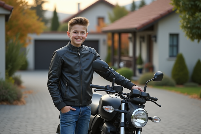 Adolescent souriant à côté d'une moto 125cc en extérieur