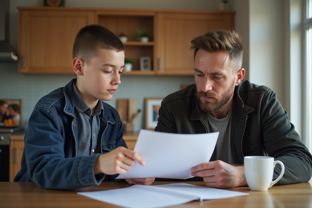 Jeune garçon discutant avec son père à la cuisine