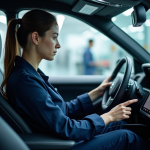 Comment Veigaro révolutionne l’industrie automobile Jeune ingénieure automobile examinant un tableau de bord numérique