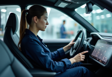 Jeune ingénieure automobile examinant un tableau de bord numérique