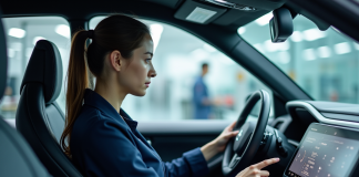 Jeune ingénieure automobile examinant un tableau de bord numérique