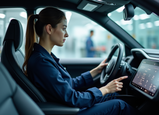 Comment Veigaro révolutionne l’industrie automobile Jeune ingénieure automobile examinant un tableau de bord numérique