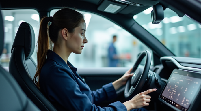 Comment Veigaro révolutionne l’industrie automobile Jeune ingénieure automobile examinant un tableau de bord numérique