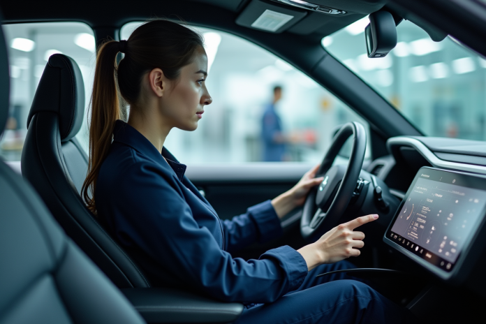 Jeune ingénieure automobile examinant un tableau de bord numérique