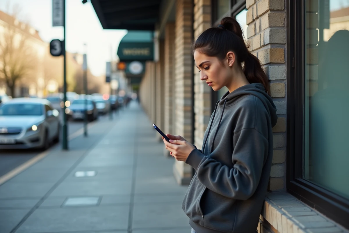 Jeune femme vérifie son téléphone devant une école de conduite