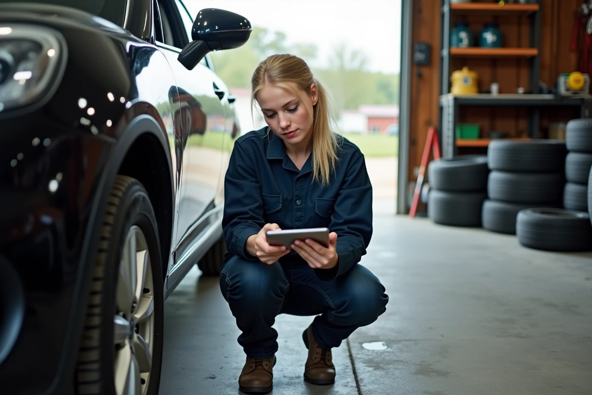 Jeune femme inspectant une voiture dans un garage rural