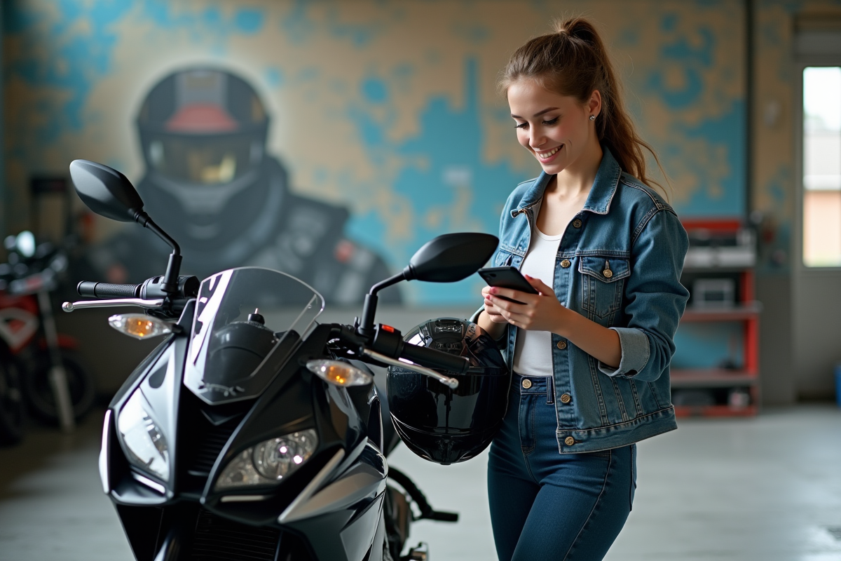 Jeune femme avec moto moderne dans un garage urbain