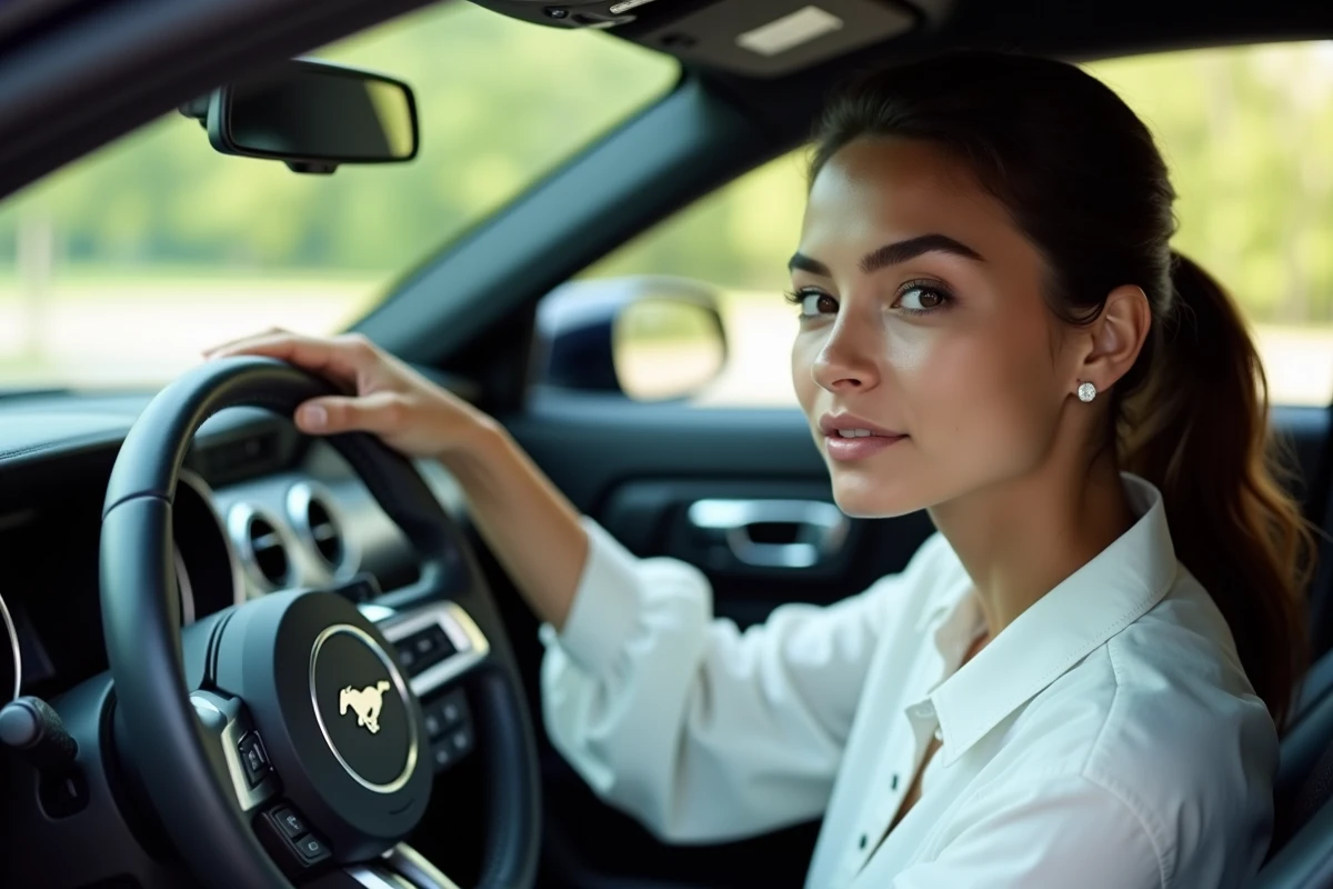 Jeune femme dans une Mustang moderne regardant par la fenêtre