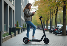 Emplacement idéal pour l’assurance sur trottinette électrique : nos conseils et astuces Jeune femme en scooter électrique sur un trottoir urbain