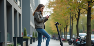 Emplacement idéal pour l’assurance sur trottinette électrique : nos conseils et astuces Jeune femme en scooter électrique sur un trottoir urbain
