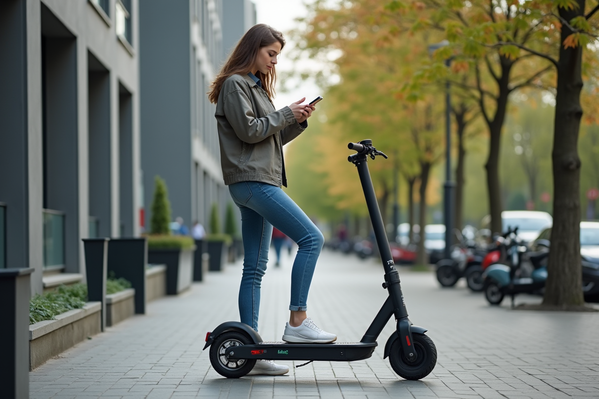 Jeune femme en scooter électrique sur un trottoir urbain