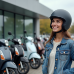Jeune femme souriante examine des scooters 50cc en extérieur
