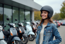 Jeune femme souriante examine des scooters 50cc en extérieur