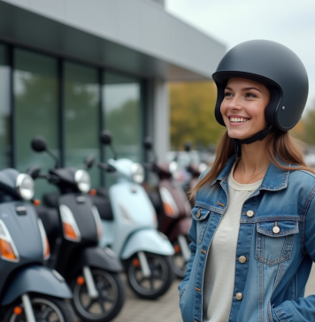 Jeune femme souriante examine des scooters 50cc en extérieur