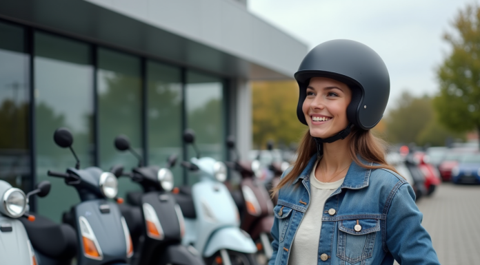 Jeune femme souriante examine des scooters 50cc en extérieur