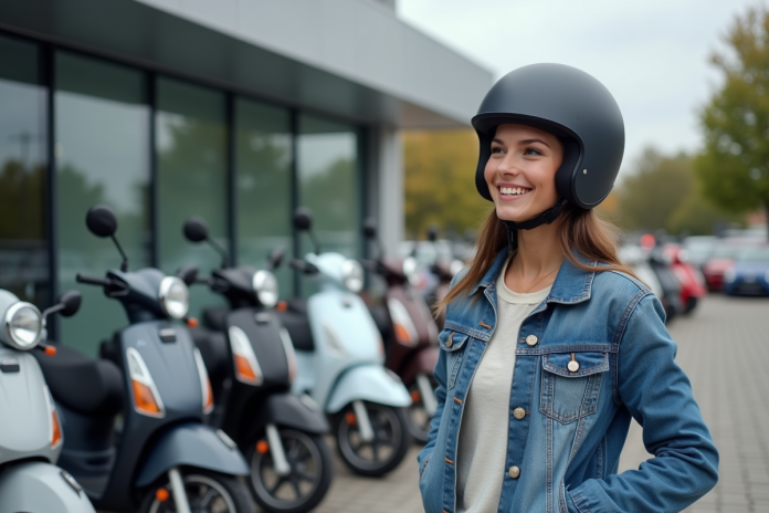 Jeune femme souriante examine des scooters 50cc en extérieur