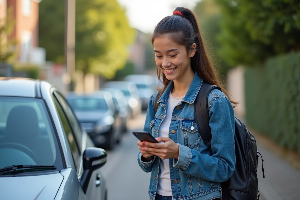 Jeune femme souriante v&eacute;rifiant son smartphone pr&egrave;s de sa voiture