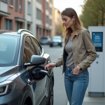 Les facteurs influençant le coût de recharge d’une voiture électrique Jeune femme chargeant sa voiture électrique en ville