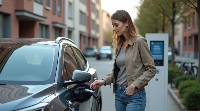 Jeune femme chargeant sa voiture électrique en ville