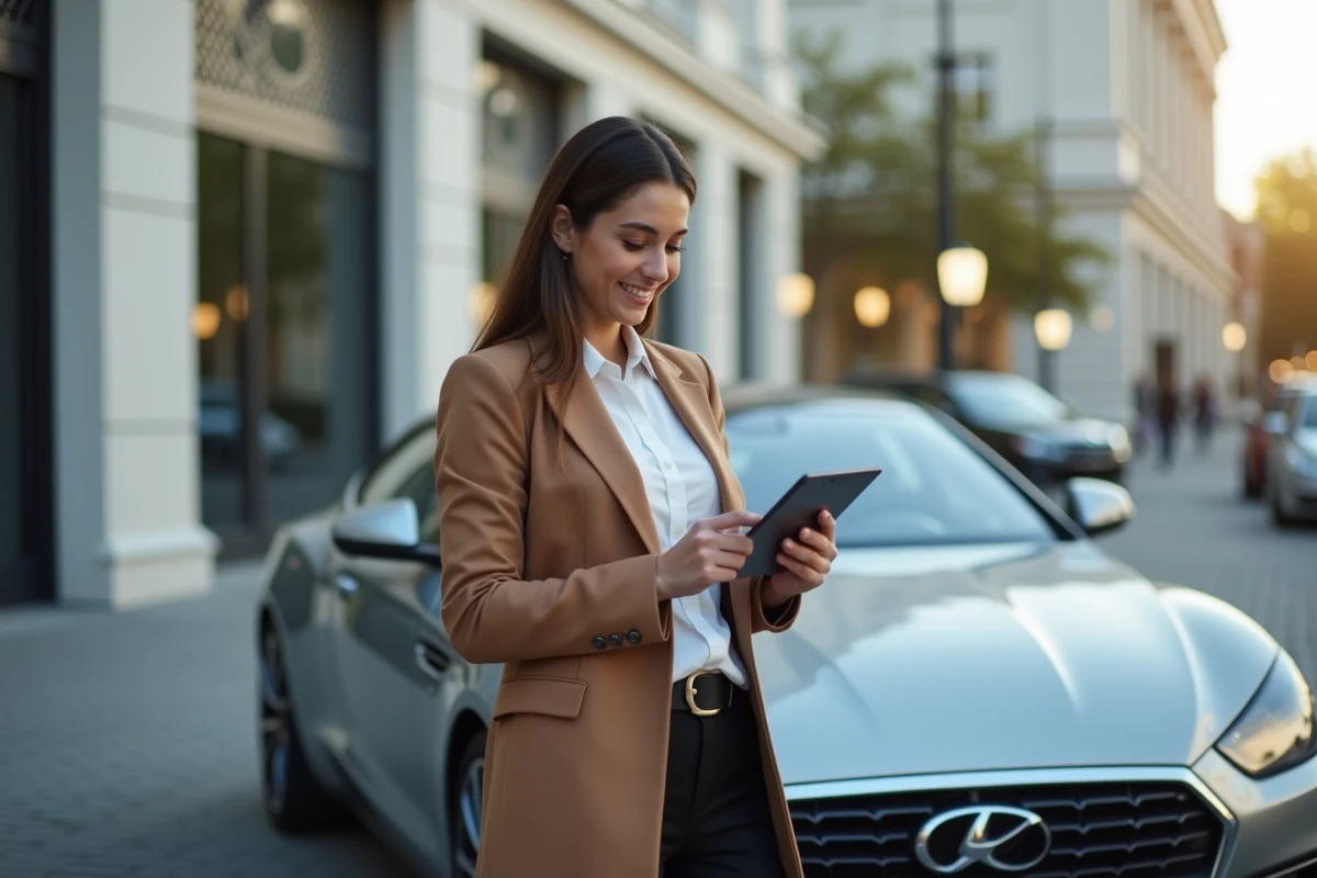 Jeune femme avec voiture de luxe et tablette en ville