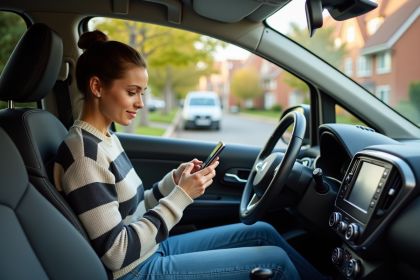 Jeune femme vérifiant son appli kilométrage dans sa voiture