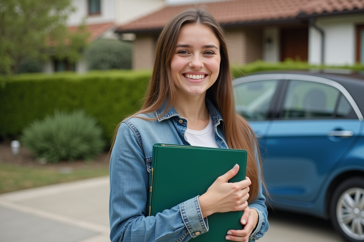 Jeune femme souriante avec son assurance auto