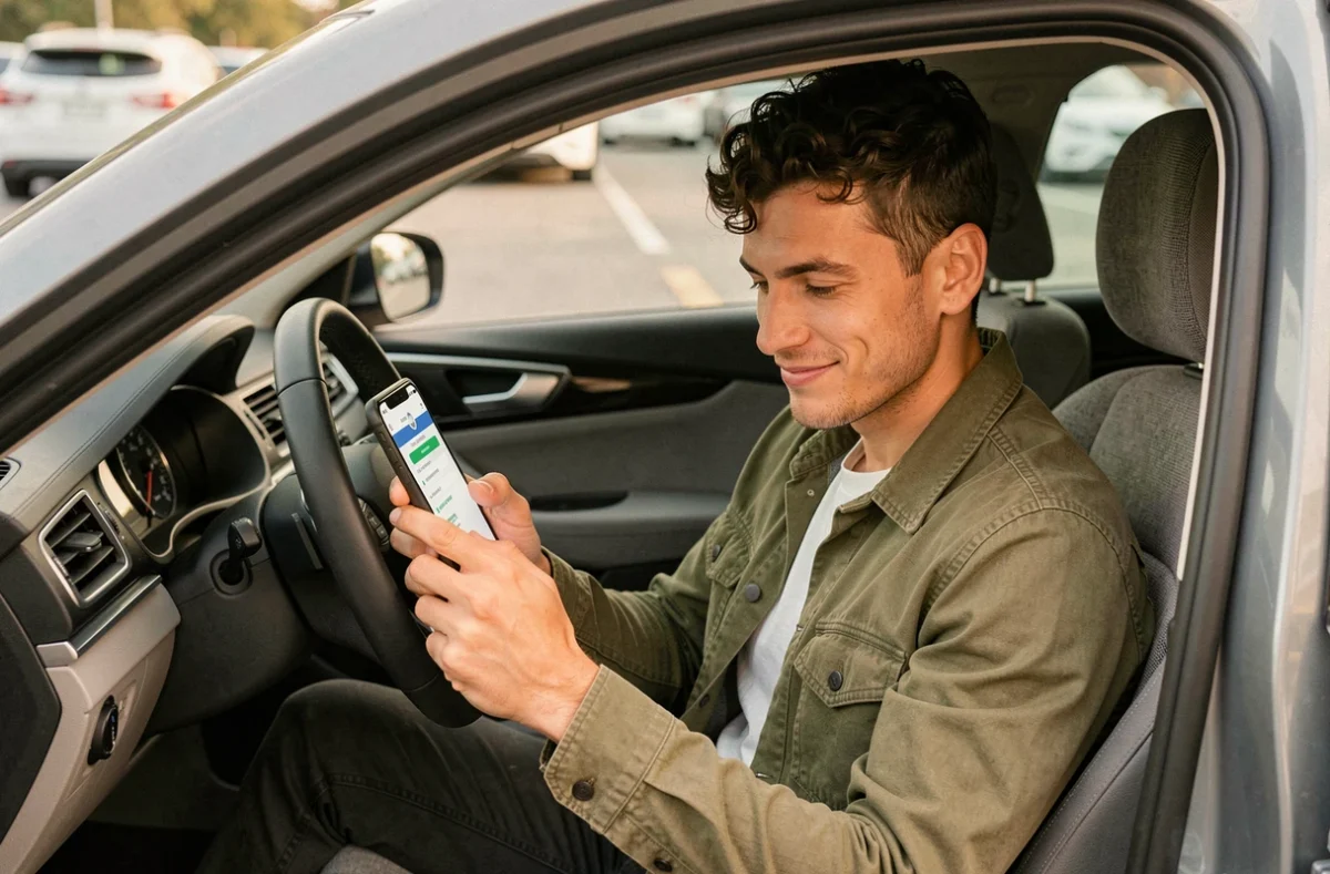 Jeune homme souscrivant son assurance voiture depuis son smartphone assis dans son véhicule