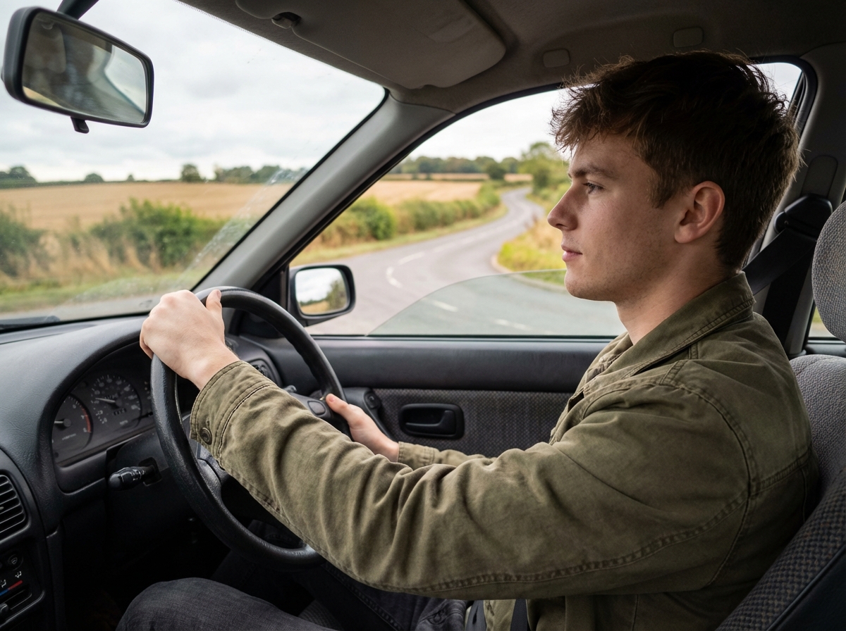 Jeune homme conduisant seul sur route rurale