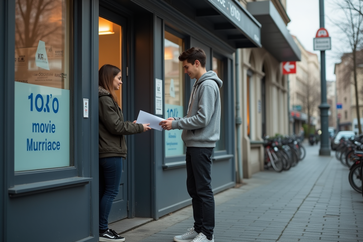 Jeune homme remettant un document à la reception d