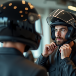 Jeune homme essayant un casque moto dans un showroom lumineux