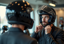 Jeune homme essayant un casque moto dans un showroom lumineux